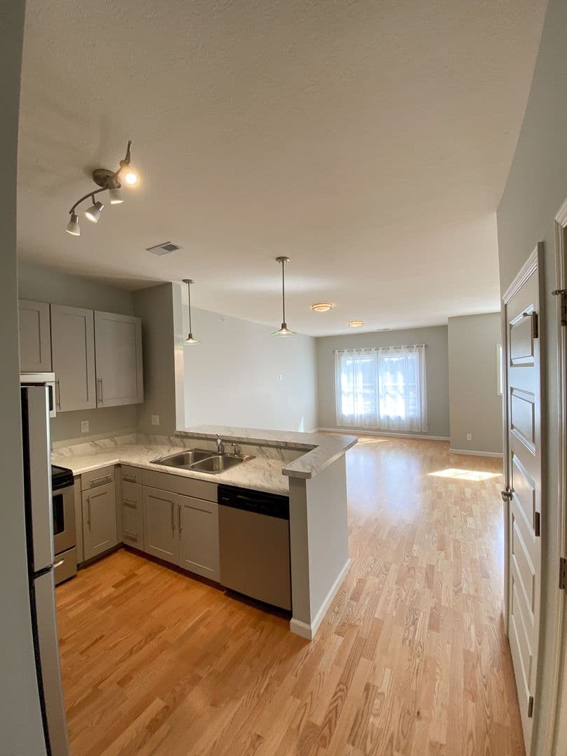 Kitchen overlooking the living room at Cedar Bluff
