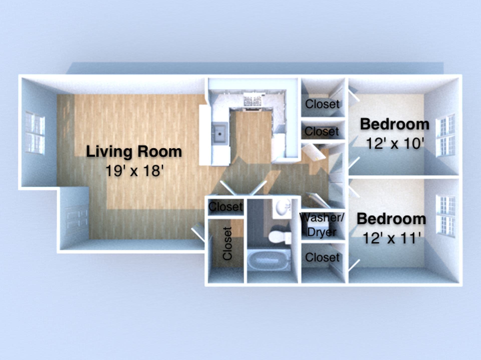 Overhead 3D floor plan showing living room, kitchen, and two bedrooms